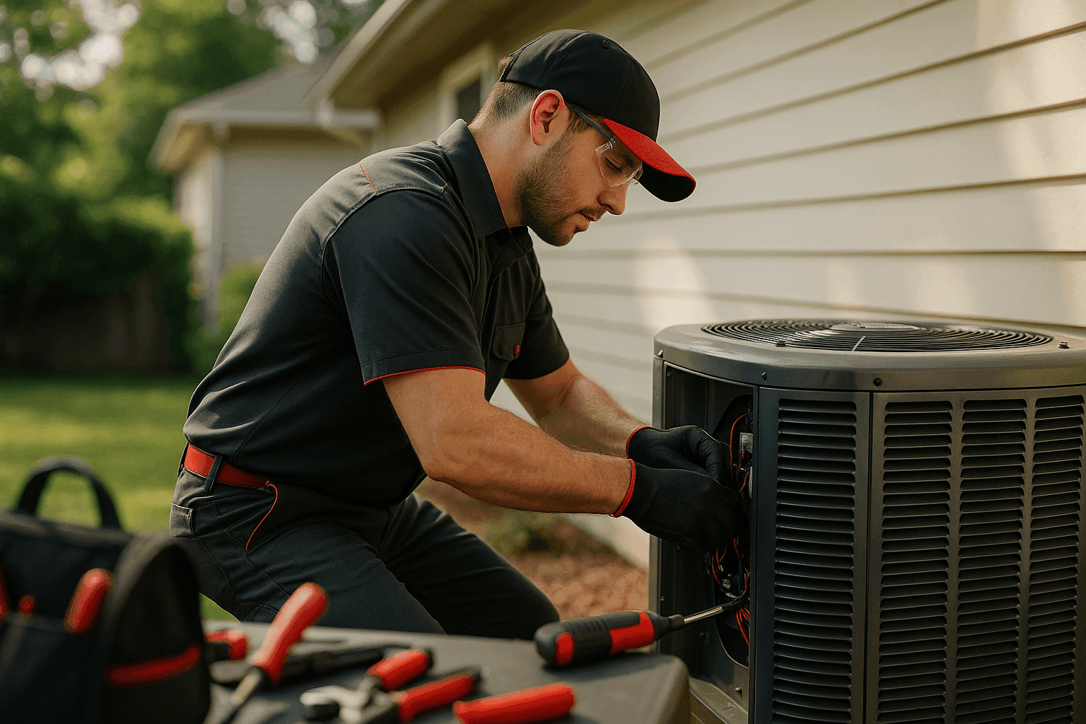 Residential cooling technician in PPE adjusting outdoor air conditioner in backyard